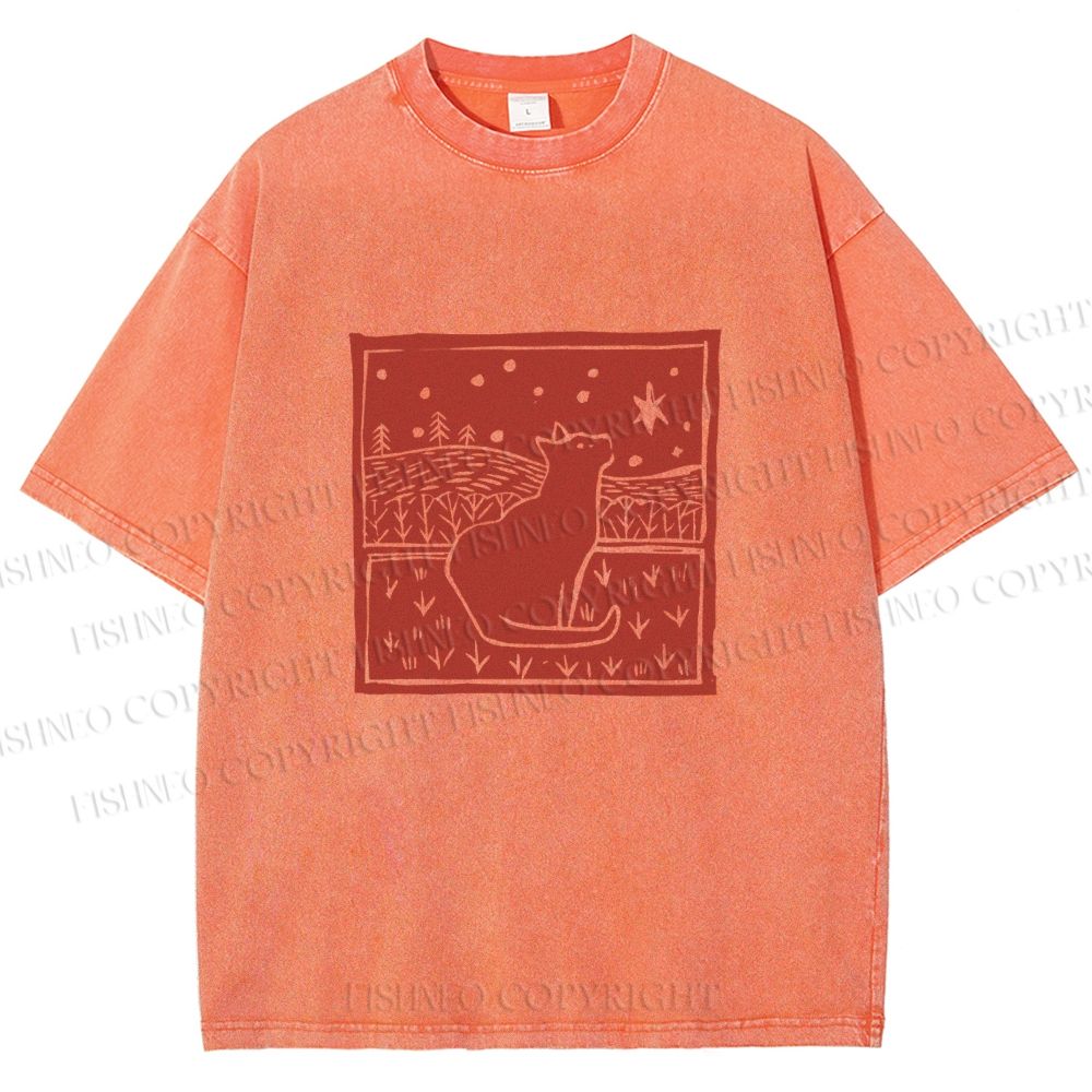 Unisex Vintage Cat  Printed Washed Tee
