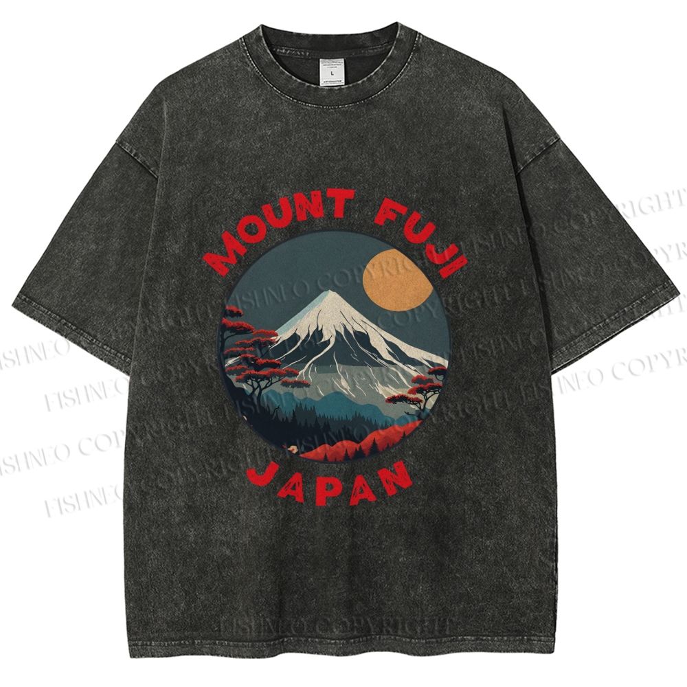 Unisex Japanese Mount Fuji Printed Washed Tee