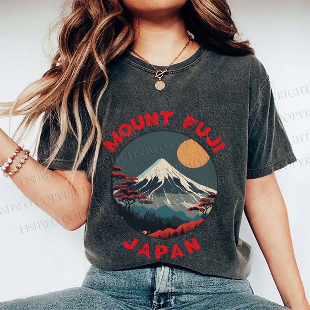 Unisex Japanese Mount Fuji Printed Washed Tee