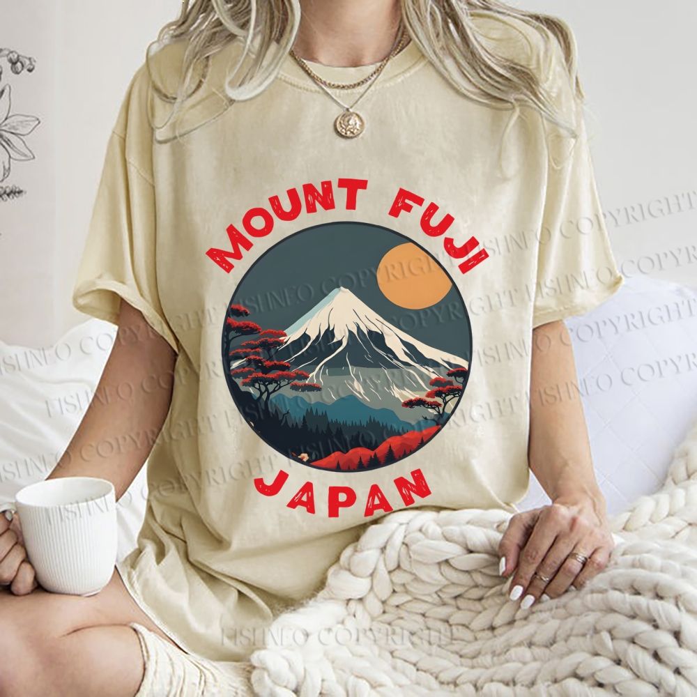 Unisex Japanese Mount Fuji Printed Washed Tee