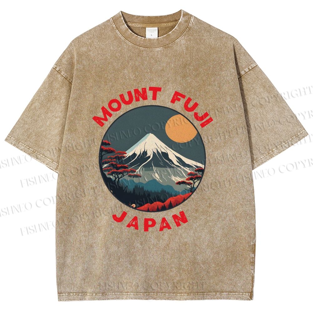 Unisex Japanese Mount Fuji Printed Washed Tee