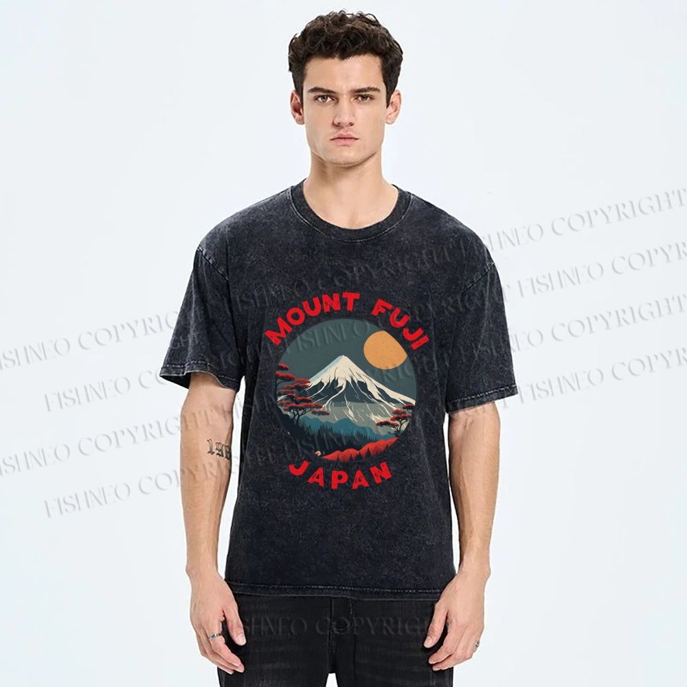 Unisex Japanese Mount Fuji Printed Washed Tee