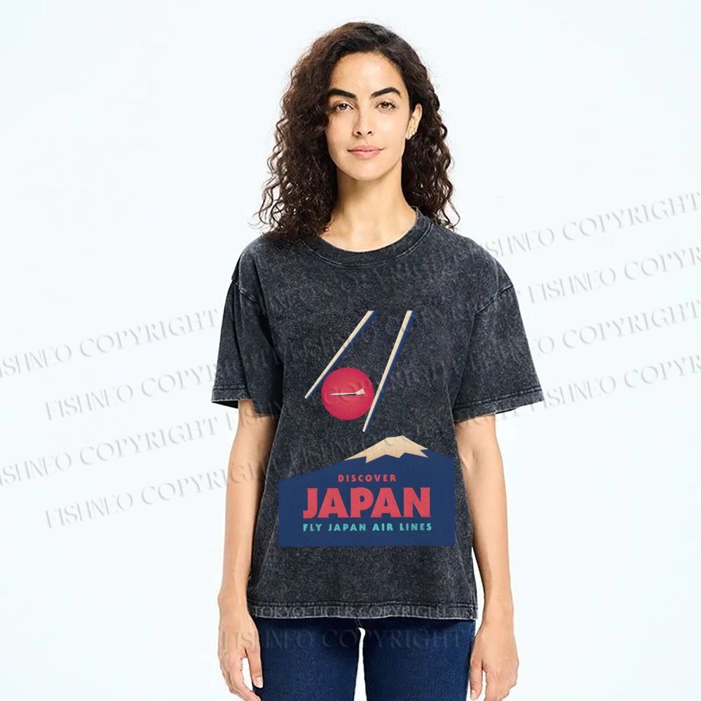Unisex Japanese Mount Fuji Printed Washed Tee