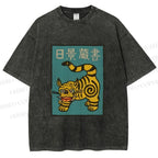 Unisex Vintage Japanese Tiger Printed Washed Tee