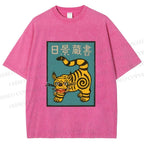 Unisex Vintage Japanese Tiger Printed Washed Tee