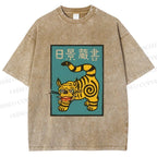 Unisex Vintage Japanese Tiger Printed Washed Tee