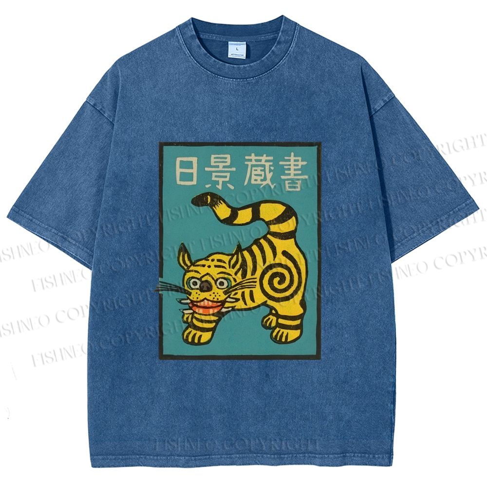 Unisex Vintage Japanese Tiger Printed Washed Tee