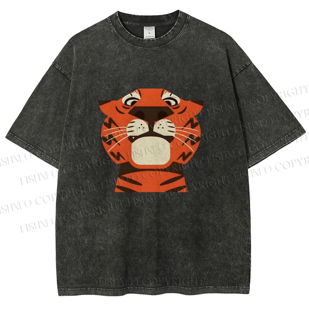 Unisex Funny Cartoon Tiger Printed Washed Tee