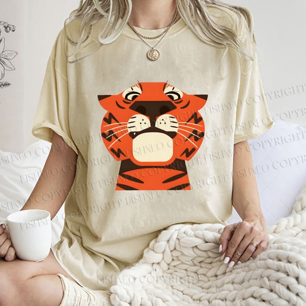 Unisex Funny Cartoon Tiger Printed Washed Tee
