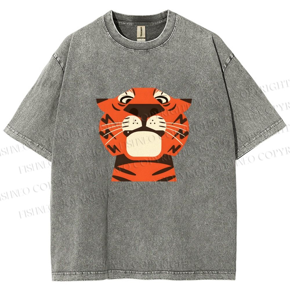 Unisex Funny Cartoon Tiger Printed Washed Tee