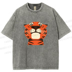 Unisex Funny Cartoon Tiger Printed Washed Tee
