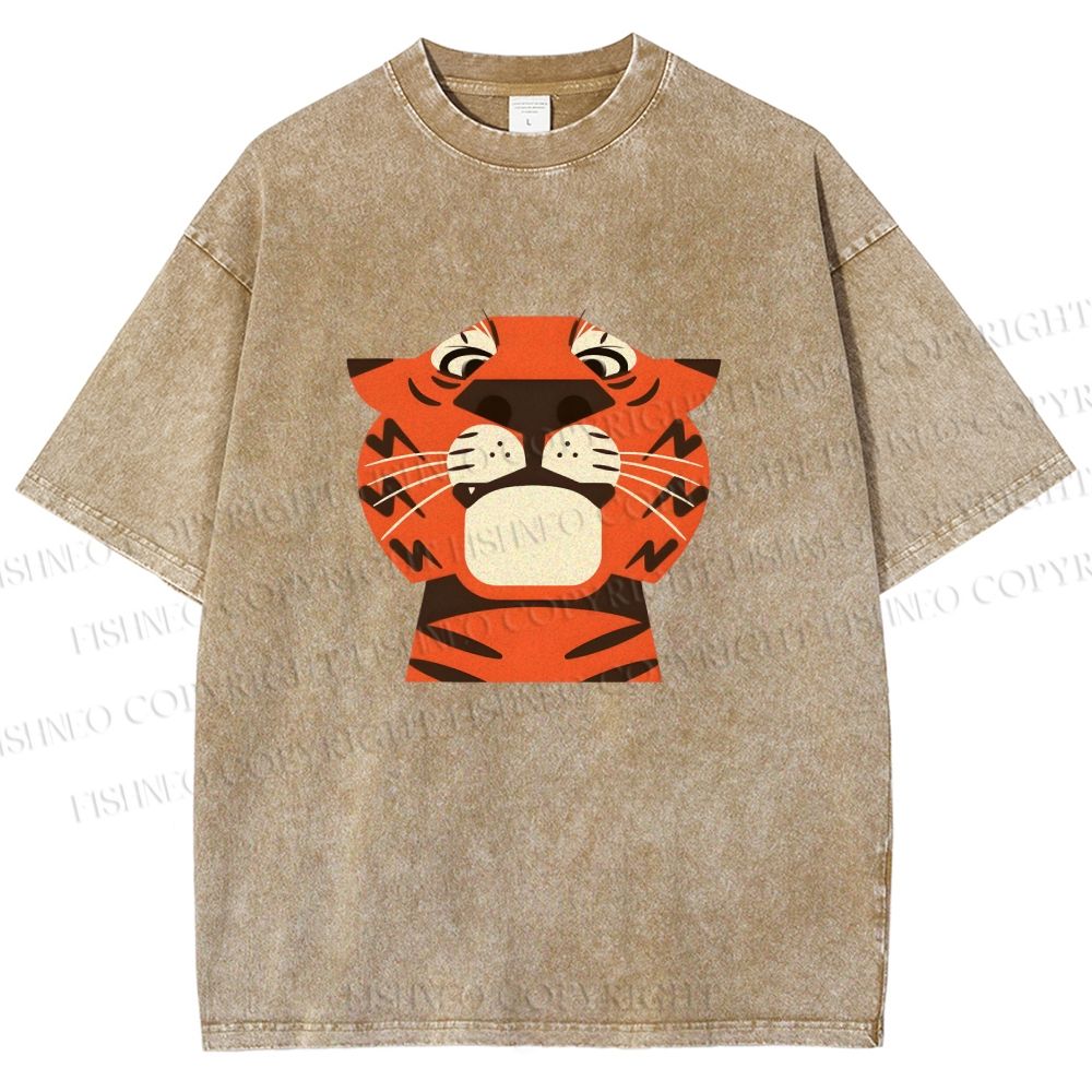 Unisex Funny Cartoon Tiger Printed Washed Tee