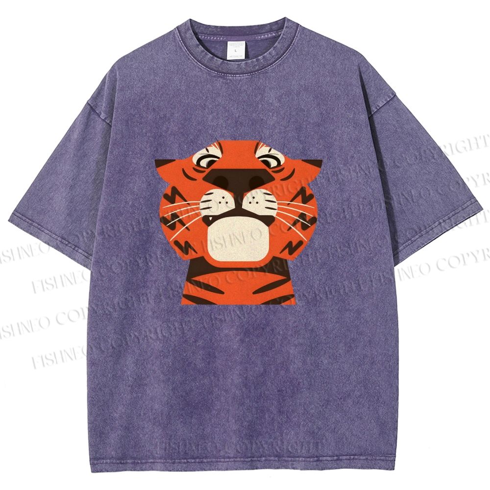 Unisex Funny Cartoon Tiger Printed Washed Tee