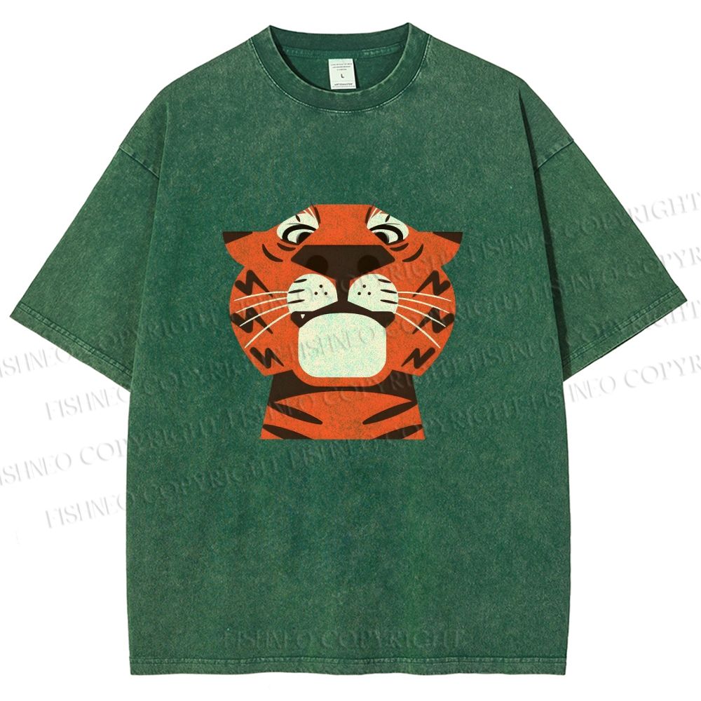 Unisex Funny Cartoon Tiger Printed Washed Tee
