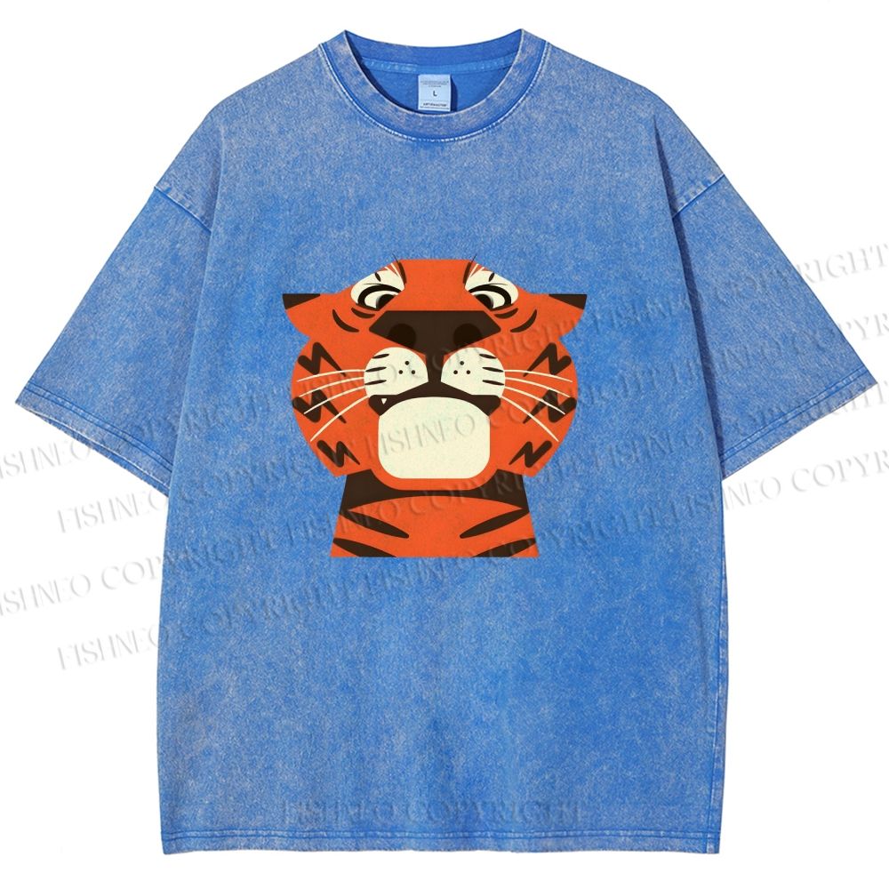Unisex Funny Cartoon Tiger Printed Washed Tee