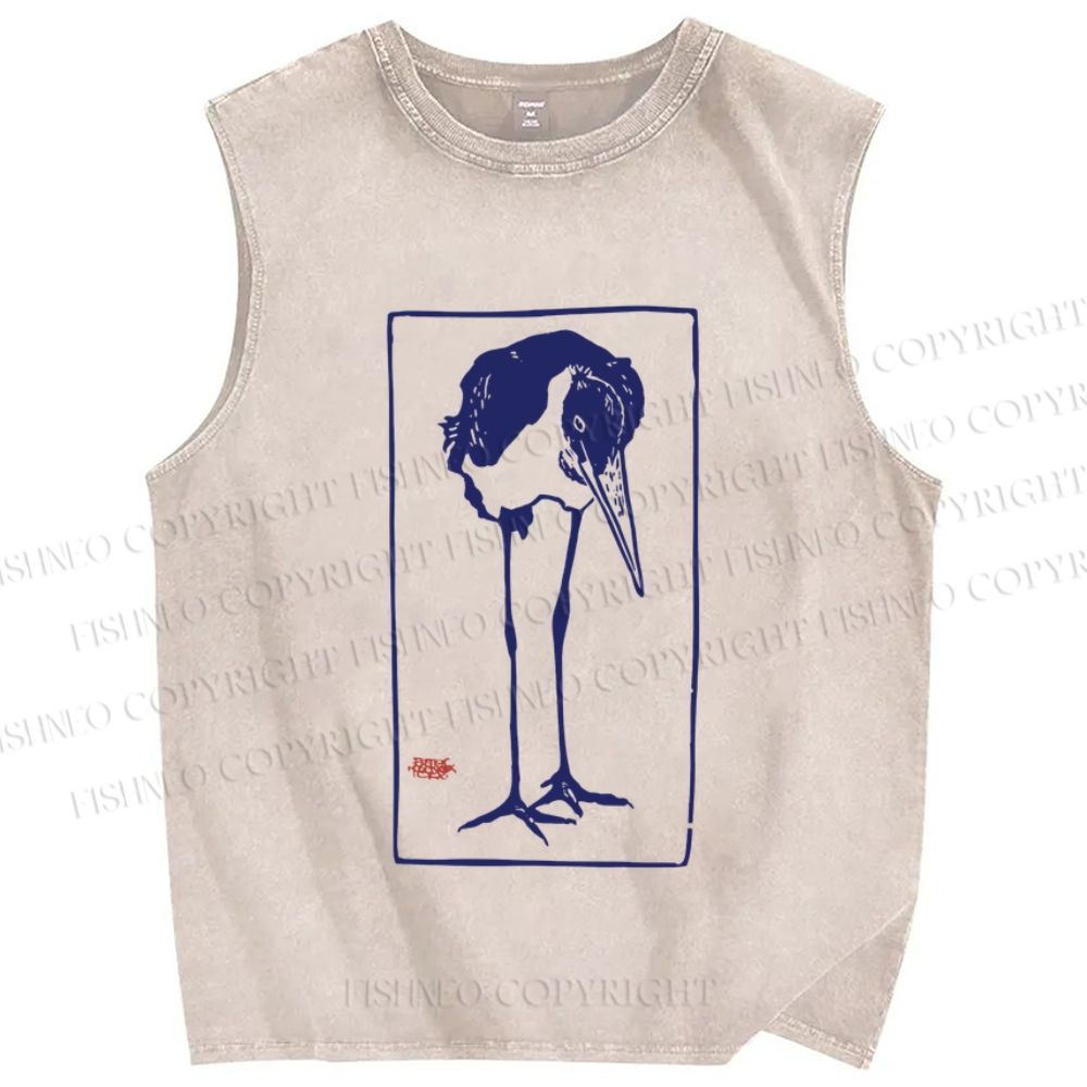 Unisex Vintage Bird Printed Washed Tank Top