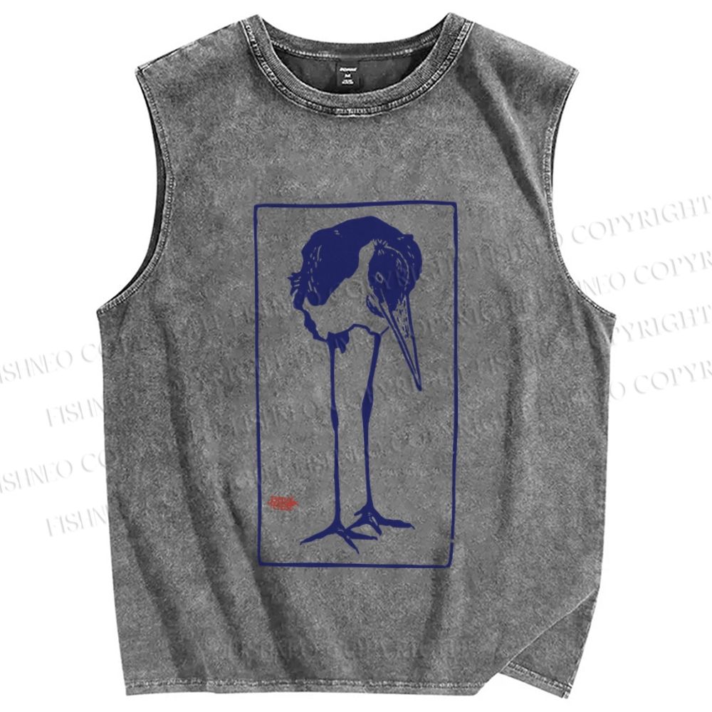 Unisex Vintage Bird Printed Washed Tank Top