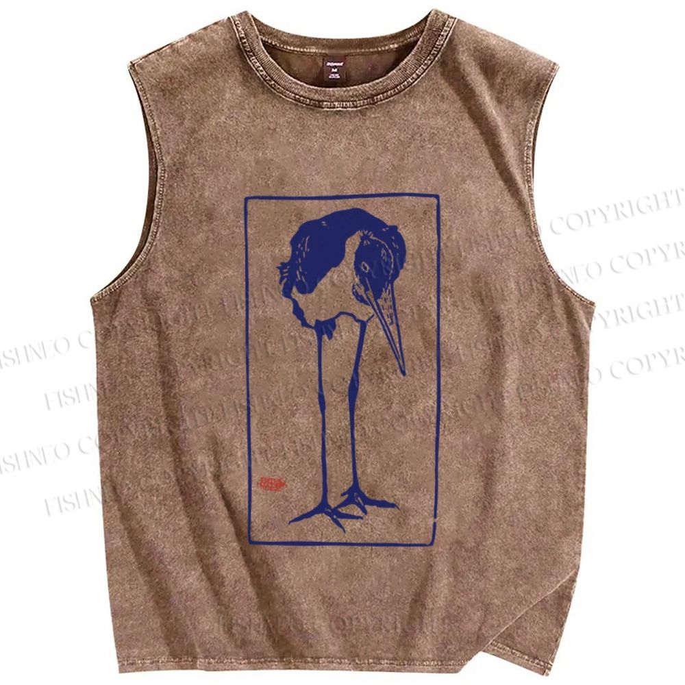 Unisex Vintage Bird Printed Washed Tank Top