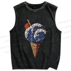 Unisex Japanese Wave Ice-cream Printed Washed Tank Top
