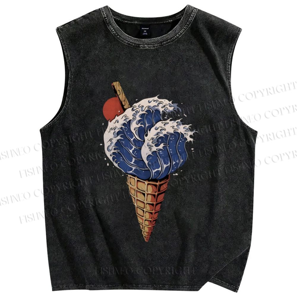 Unisex Japanese Wave Ice-cream Printed Washed Tank Top