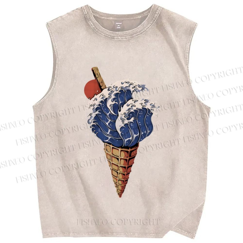 Unisex Japanese Wave Ice-cream Printed Washed Tank Top