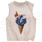 Unisex Japanese Wave Ice-cream Printed Washed Tank Top
