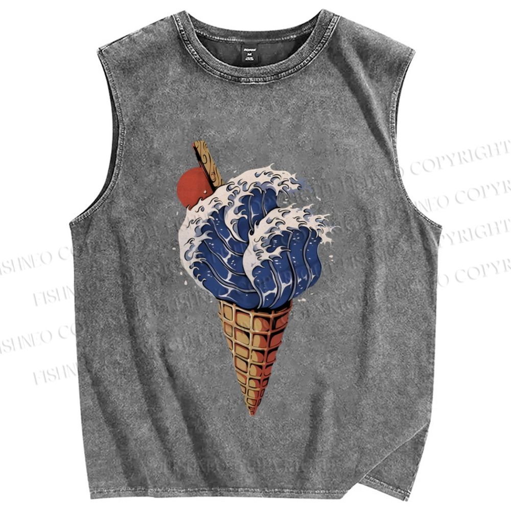 Unisex Japanese Wave Ice-cream Printed Washed Tank Top
