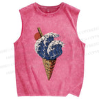 Unisex Japanese Wave Ice-cream Printed Washed Tank Top