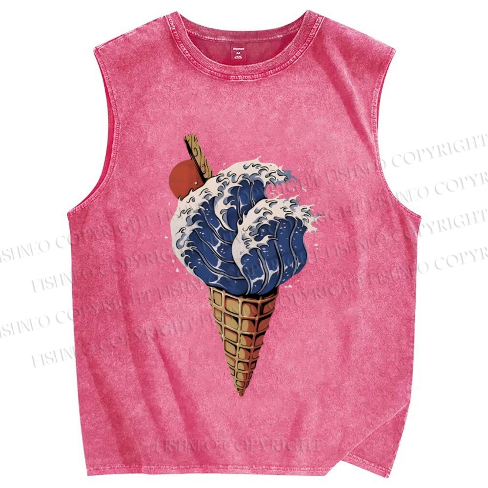 Unisex Japanese Wave Ice-cream Printed Washed Tank Top