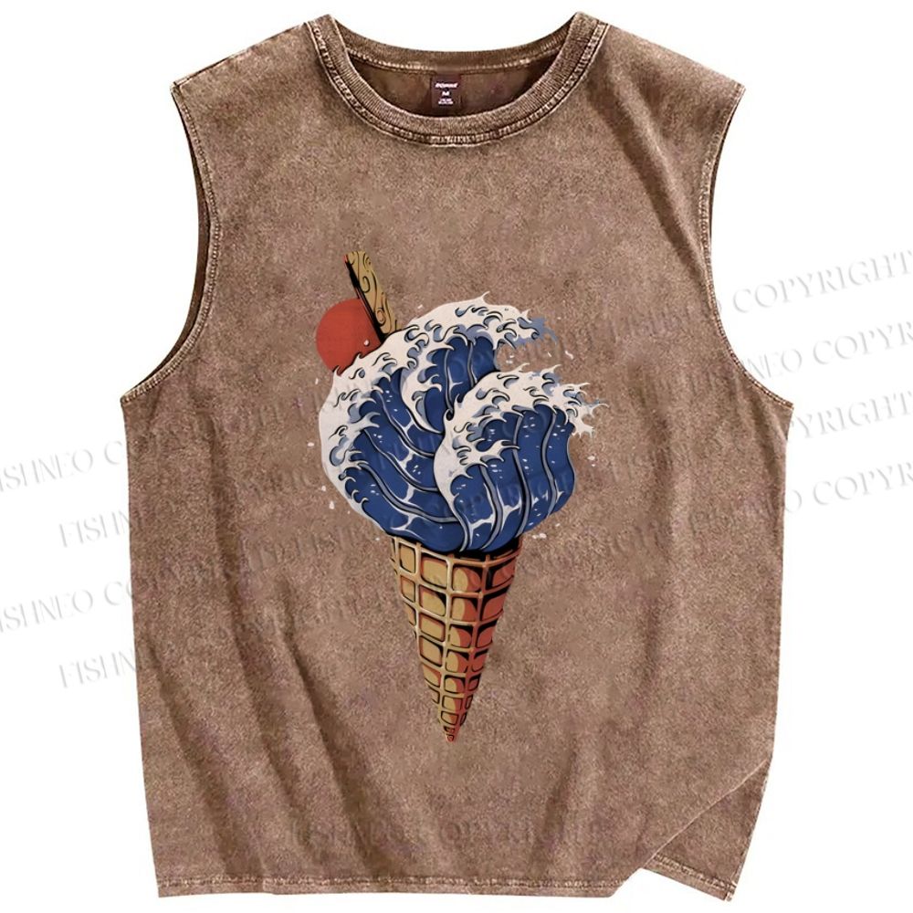 Unisex Japanese Wave Ice-cream Printed Washed Tank Top