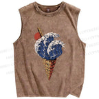 Unisex Japanese Wave Ice-cream Printed Washed Tank Top