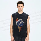 Unisex Japanese Wave Ice-cream Printed Washed Tank Top