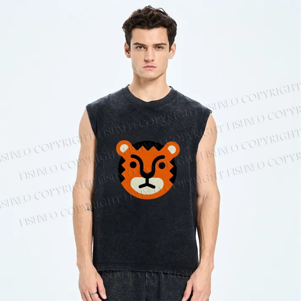 Unisex Cartoon Tiger Printed Washed Tank Top