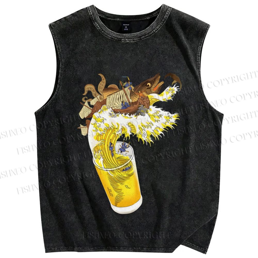 Unisex Vintage Japanese Wave Beer Fish Printed Washed Tank Top