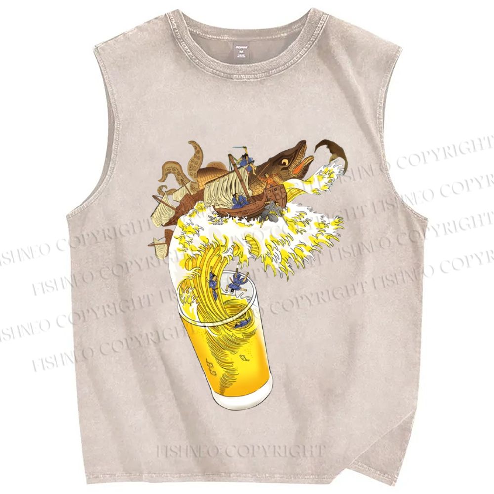 Unisex Vintage Japanese Wave Beer Fish Printed Washed Tank Top