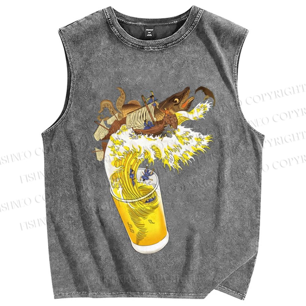 Unisex Vintage Japanese Wave Beer Fish Printed Washed Tank Top