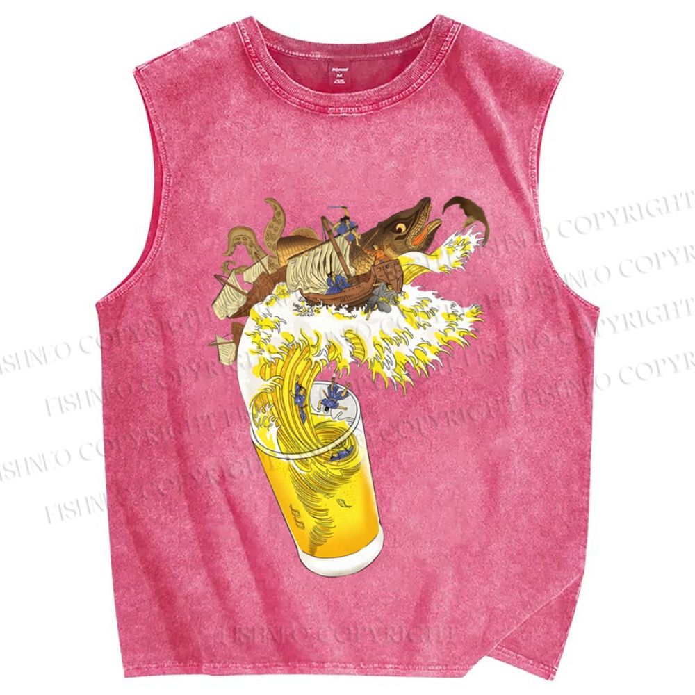 Unisex Vintage Japanese Wave Beer Fish Printed Washed Tank Top