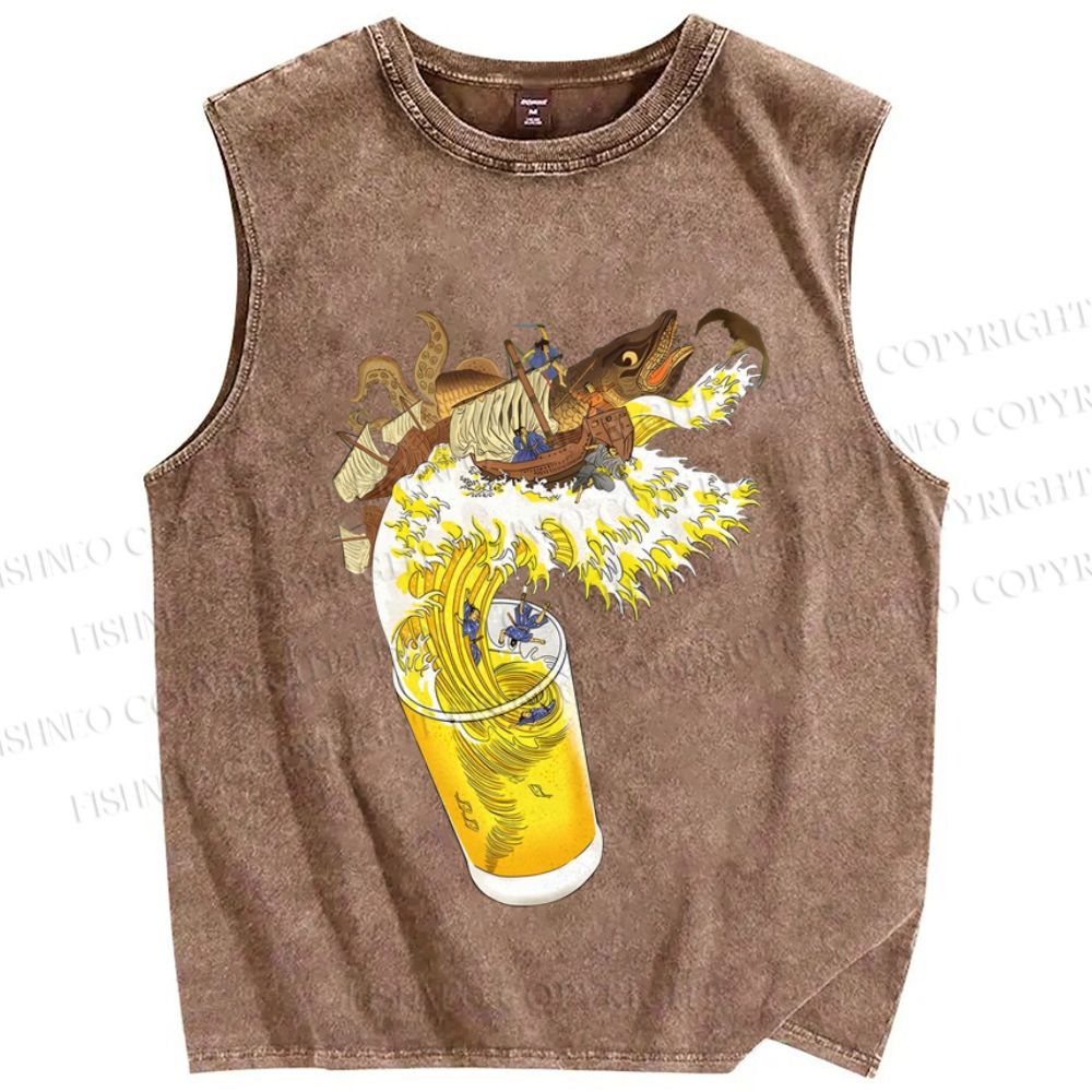 Unisex Vintage Japanese Wave Beer Fish Printed Washed Tank Top