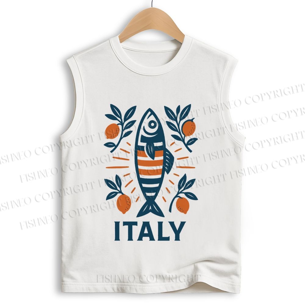 Unisex Vintage Italy Sardine Fish Printed Cotton Tank Top