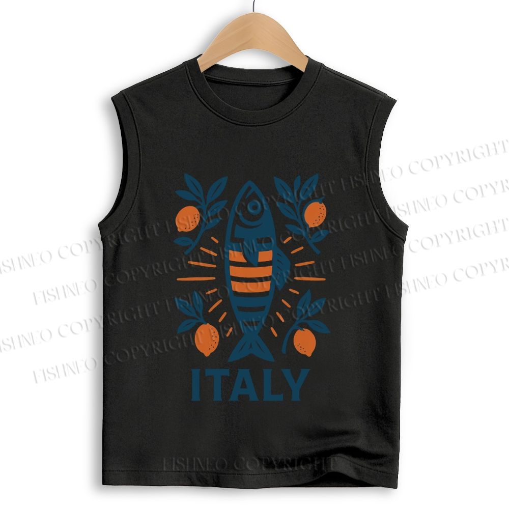 Unisex Vintage Italy Sardine Fish Printed Cotton Tank Top
