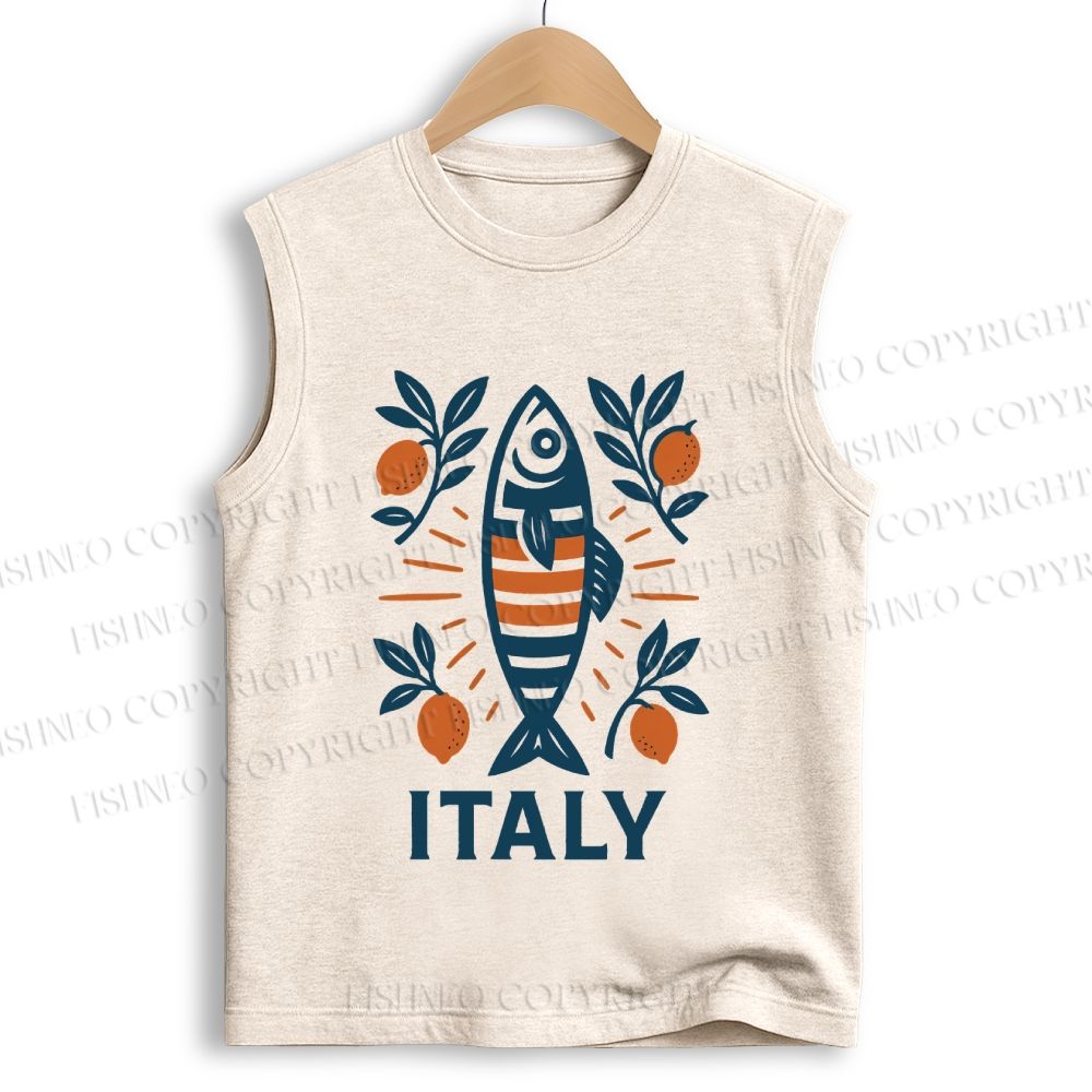 Unisex Vintage Italy Sardine Fish Printed Cotton Tank Top