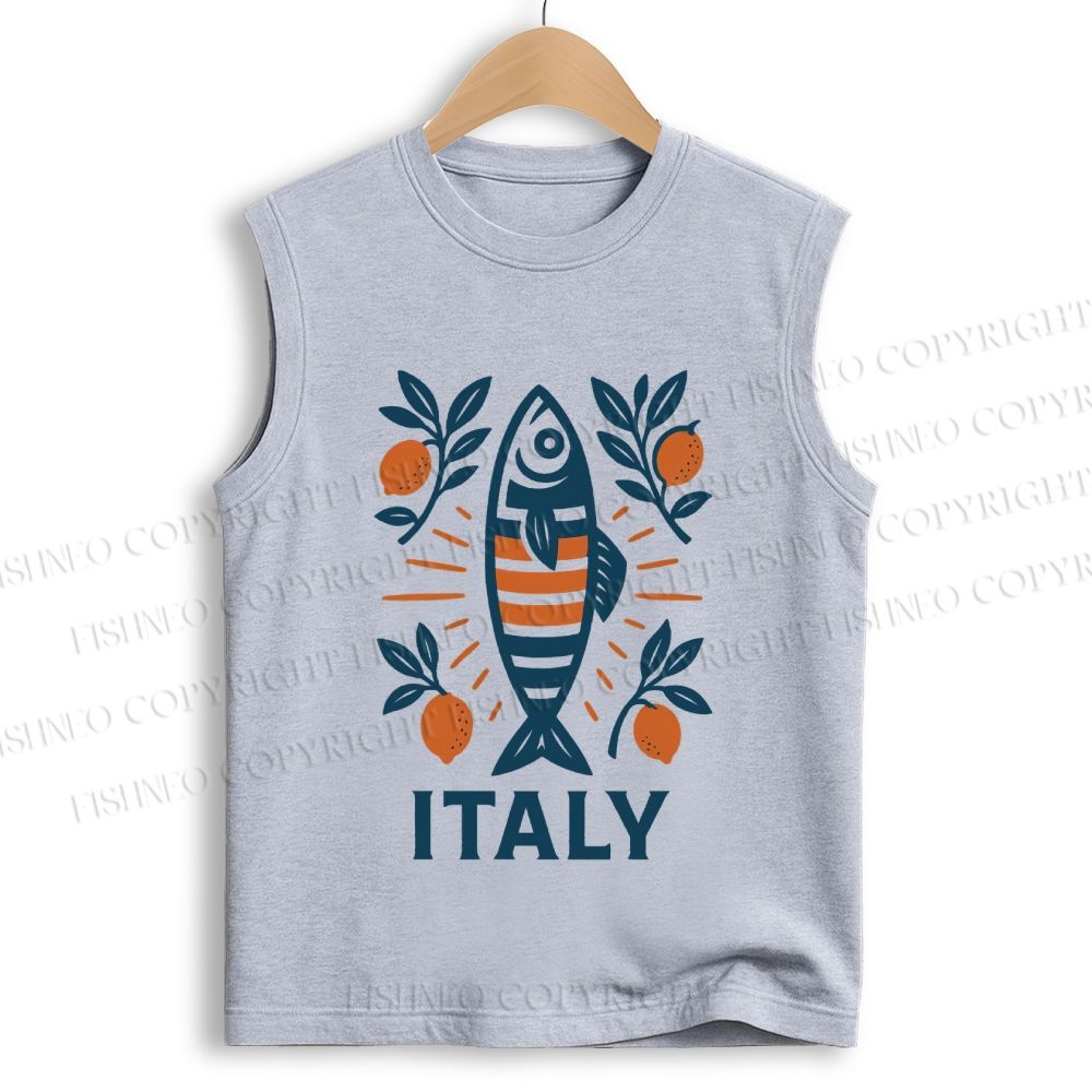 Unisex Vintage Italy Sardine Fish Printed Cotton Tank Top