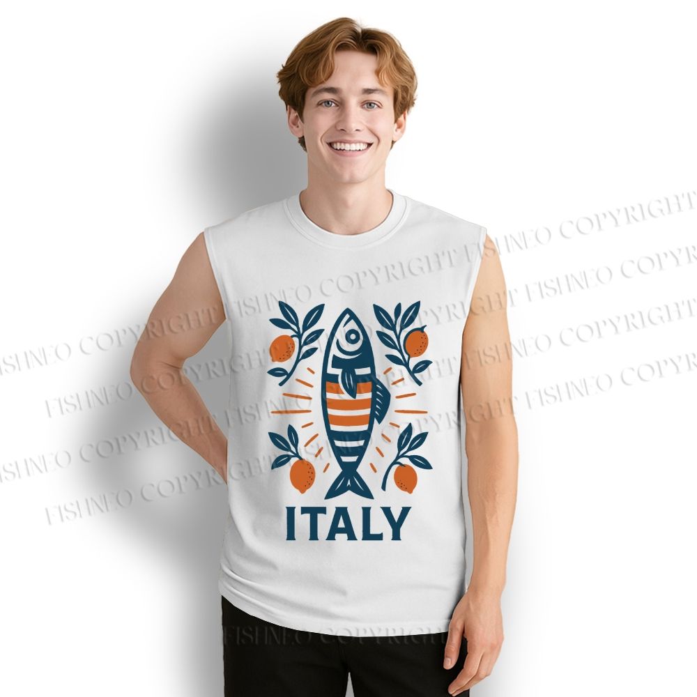 Unisex Vintage Italy Sardine Fish Printed Cotton Tank Top