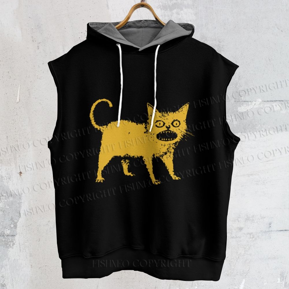 Unisex Horrible Japanese Cat Vintage Printed Sleeveless Hoodie