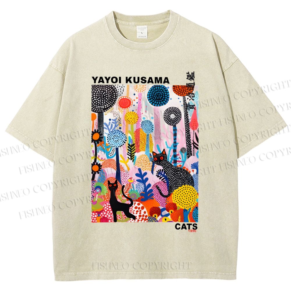 Unisex Yayoi Kusama Cat Printed Washed Tee