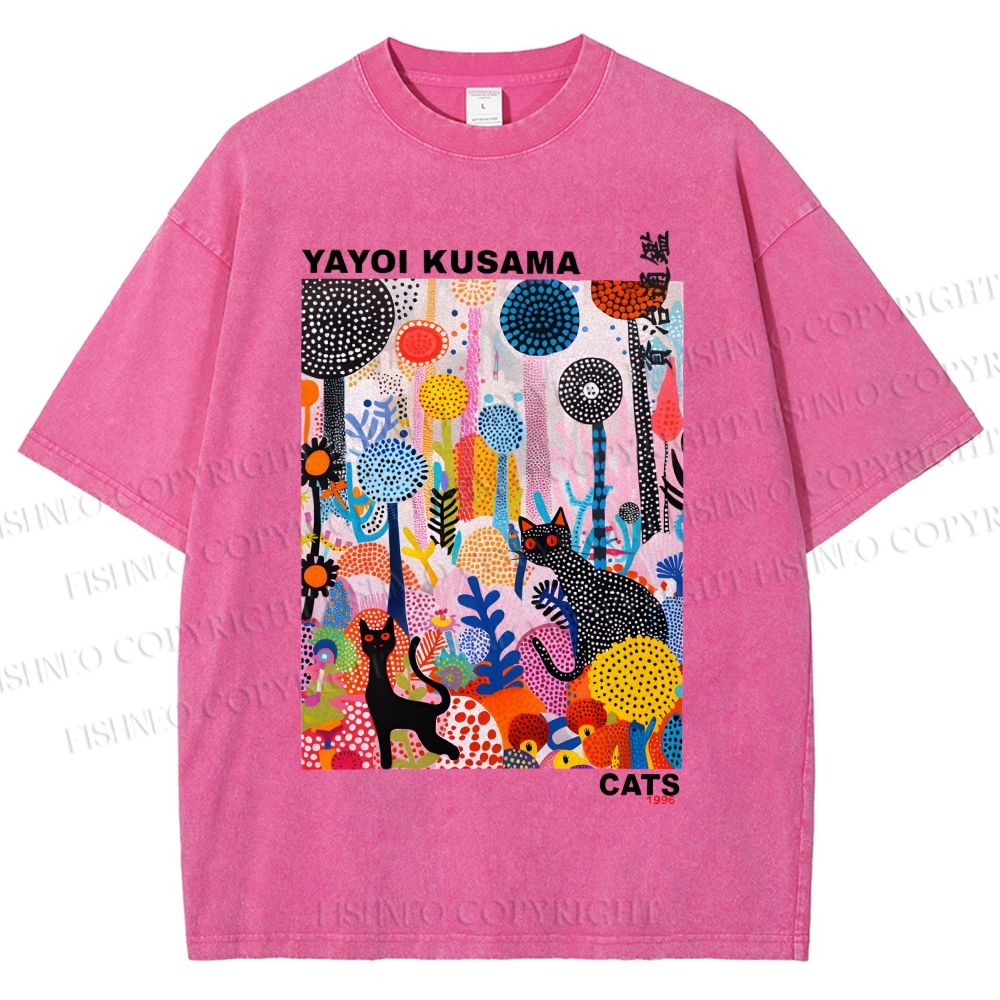 Unisex Yayoi Kusama Cat Printed Washed Tee