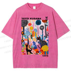 Unisex Yayoi Kusama Cat Printed Washed Tee