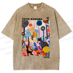 Unisex Yayoi Kusama Cat Printed Washed Tee
