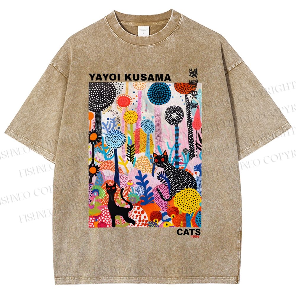 Unisex Yayoi Kusama Cat Printed Washed Tee