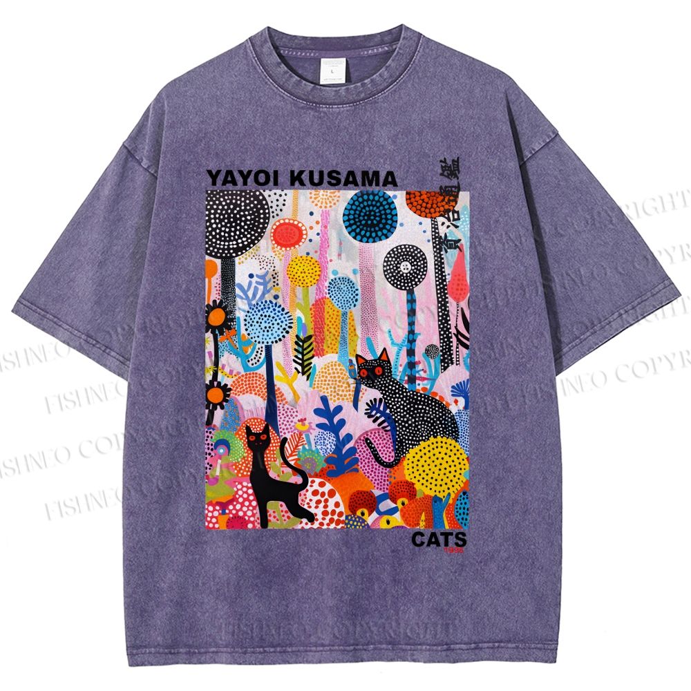 Unisex Yayoi Kusama Cat Printed Washed Tee